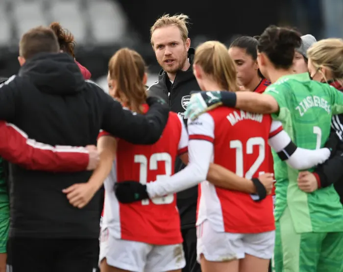 Framed Print : Arsenal Women's Team Huddle: Jonas Eidevall Discusses Strategy Post-Match Against Manchester United Framed Print : Arsenal Women's Team Huddle: Jonas Eidevall Discusses Strategy Post-Match Against Manchester United