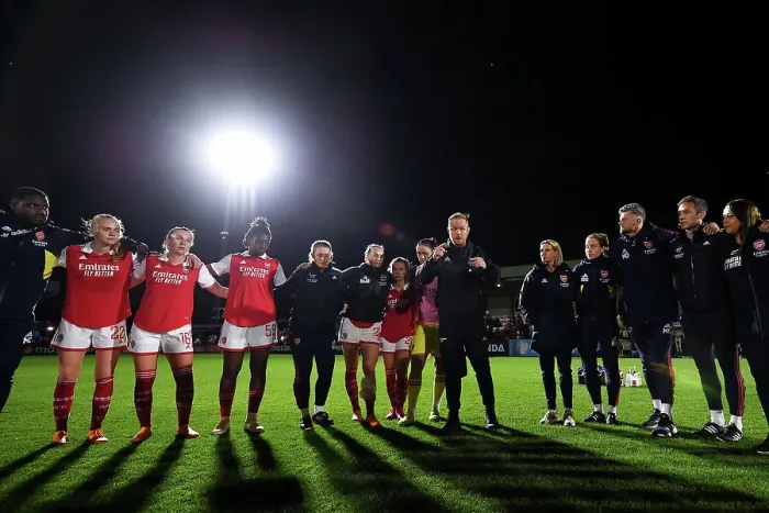 Framed Print : Arsenal Women's Team: Jonas Eidevall Rallies Players after Arsenal v Leicester City Match