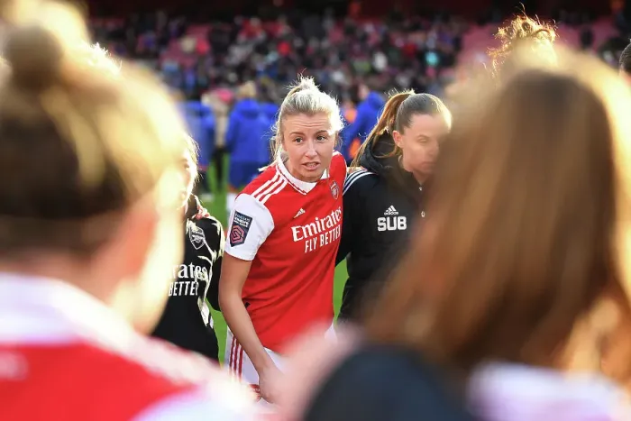 Framed Print : Arsenal Women's Team: Leah Williamson Rallies Team After Arsenal v Chelsea FC Match, FA Women's Super League (2022-23)