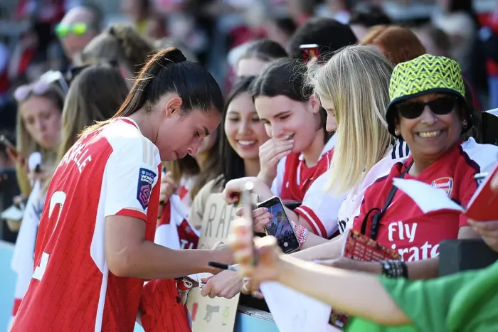 Framed Print : Arsenal Women's Team: Rafaelle Souza Signs Autographs After Arsenal v Aston Villa Match