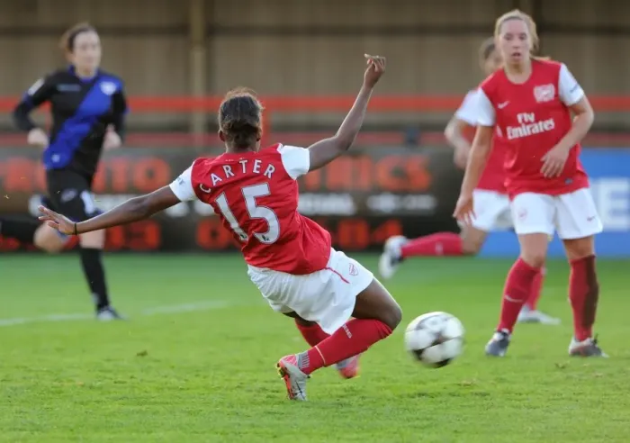 Framed Print : Arsenal Women's Team Triumphs Over Rayo Vallecano: Danielle Carter Scores Fifth Goal in UEFA Champions League Round of 16 Second Leg