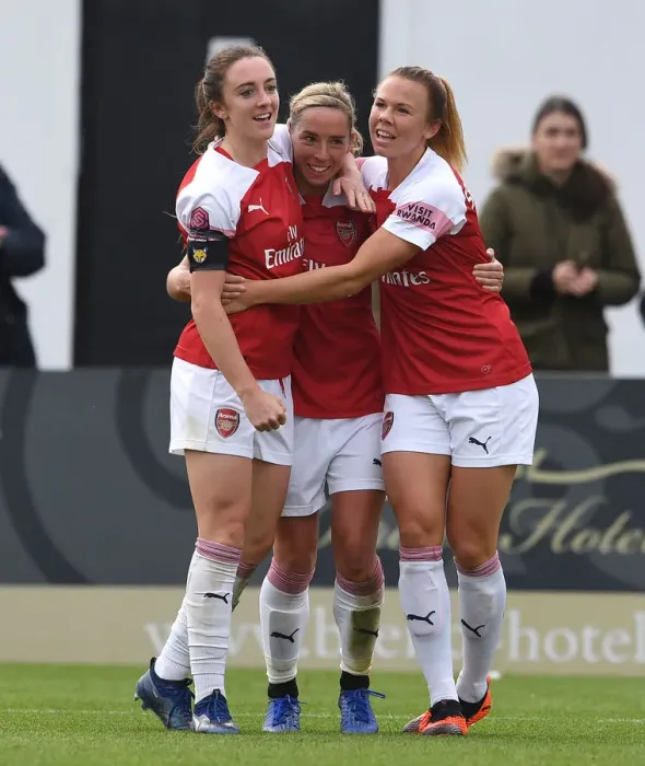 Framed Print : Arsenal Women's Triumph: Jordan Nobbs, Lisa Evans, and Jessica Samuelsson Celebrate Goals Against Birmingham City