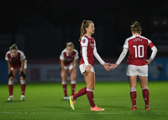 Framed Print : Arsenal Women's Triumph: Lia Walti and Kim Little's Exuberant Celebration over Chelsea