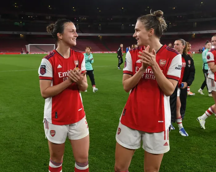 Framed Print : Arsenal Women's Triumph: Lotte Wubben-Moy and Vivianne Miedema Celebrate Over Tottenham Hotspur Framed Print : Arsenal Women's Triumph: Lotte Wubben-Moy and Vivianne Miedema Celebrate Over Tottenham Hotspur
