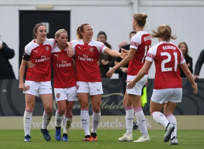 Framed Print : Arsenal Women's Triumph: Nobbs, Evans, and Samuelsson Celebrate Goals Against Birmingham City