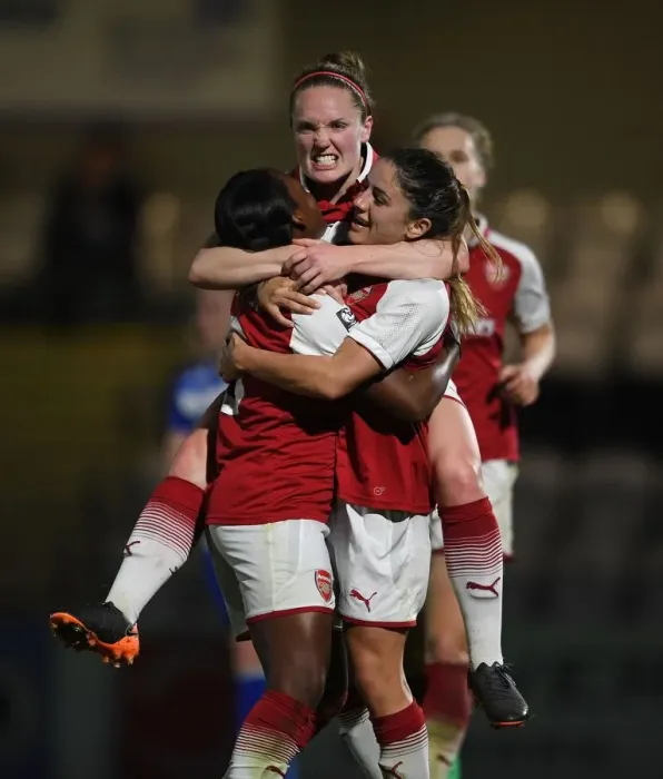 Framed Print : Arsenal Women's Triumph: Van de Donk, Carter, and Little's Euphoric Goal Celebration Framed Print : Arsenal Women's Triumph: Van de Donk, Carter, and Little's Euphoric Goal Celebration