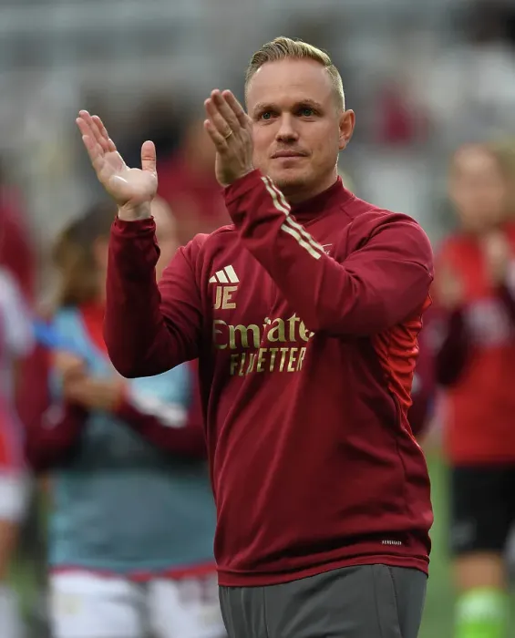 Framed Print : Arsenal Women's UEFA Champions League Debut: Jonas Eidevall Celebrates First Win Against Linkopings FC in Sweden