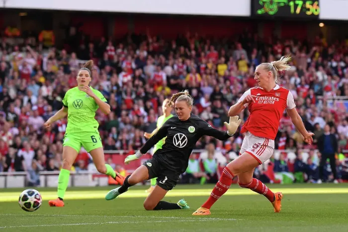 Framed Print : Arsenal Women's UEFA Champions League Semifinal: Stina Blackstenius Scores the Historic First Goal Against VfL Wolfsburg