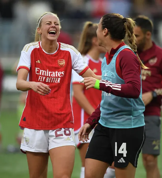Framed Print : Arsenal Women's UEFA Champions League Victory: Sabrina D'Angelo and Amanda Ilestedt Celebrate against Linkopings FC in Sweden (2023-24) Framed Print : Arsenal Women's UEFA Champions League Victory: Sabrina D'Angelo and Amanda Ilestedt Celebrate against Linkopings FC in Sweden (2023-24)