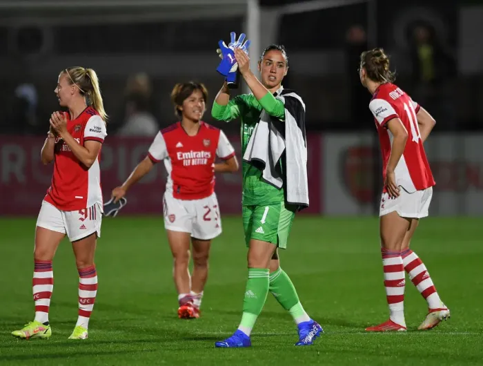 Framed Print : Arsenal Women's UEFA Champions League Victory: Manuela Zinsberger Celebrates with Fans Framed Print : Arsenal Women's UEFA Champions League Victory: Manuela Zinsberger Celebrates with Fans