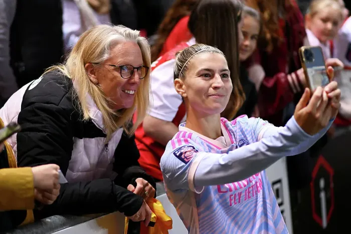 Framed Print : Arsenal Women's Victory Celebration: A Selfie Moment with Steph Catley and Fans at Ashton Gate Stadium