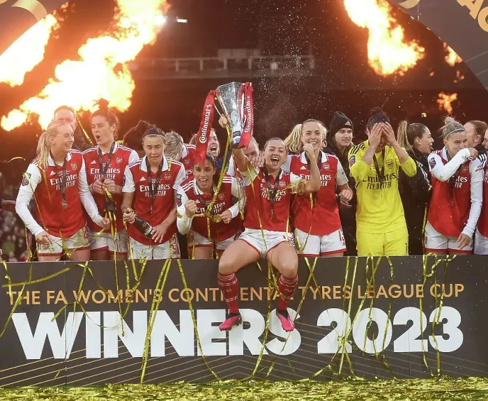 Framed Print : Arsenal Women's Victory in FA WSL Continental Tyres League Cup Final: Katie McCabe Hoists the Trophy
