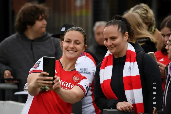 Framed Print : Arsenal Women's Victory: Lotte Wubben-Moy's Selfie with Fans at Meadow Park Framed Print : Arsenal Women's Victory: Lotte Wubben-Moy's Selfie with Fans at Meadow Park