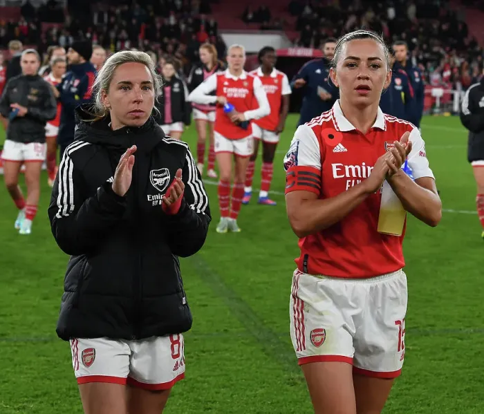 Framed Print : Arsenal Women's Victory: Nobbs and McCabe Celebrate with Fans at Emirates Stadium