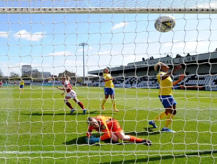 Framed Print : Arsenal Women's Victory: Nobbs Scores Second Goal Against Brighton in Empty Meadow Park Framed Print : Arsenal Women's Victory: Nobbs Scores Second Goal Against Brighton in Empty Meadow Park