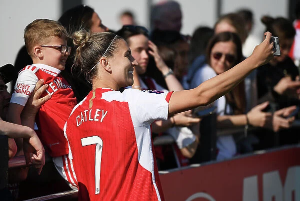Arsenal Women's Victory: Steph Catley Celebrates with Fans after Arsenal v Aston Villa (2022-23)