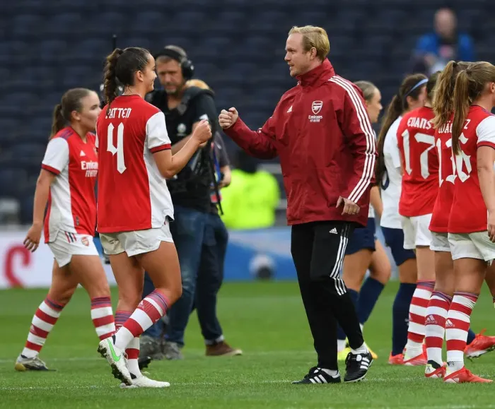 Framed Print : Arsenal Women's Victory at Tottenham Hotspur: Coach Jonas Eidevall Celebrates with Anna Patten Framed Print : Arsenal Women's Victory at Tottenham Hotspur: Coach Jonas Eidevall Celebrates with Anna Patten