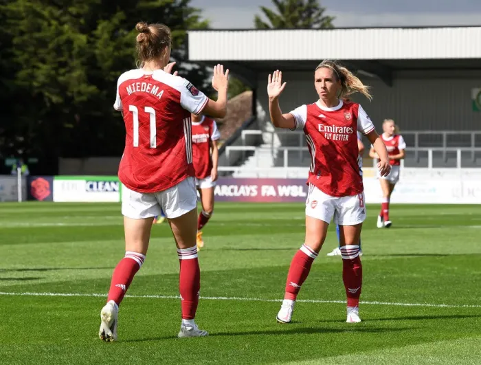 Framed Print : Arsenal Women's Victory: Vivianne Miedema and Jordan Nobbs Celebrate Goals Against Reading Women