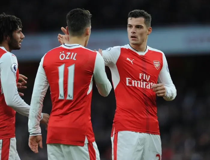 Framed Print : Arsenal: Xhaka and Ozil Celebrate Teamwork during Arsenal v AFC Bournemouth Match, 2016 / 17