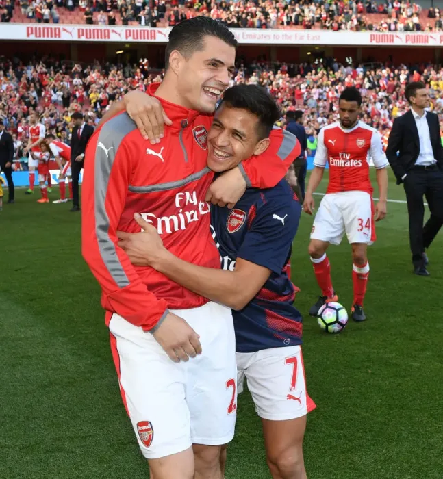 Framed Print : Arsenal: Xhaka and Sanchez Celebrate Victory Over Everton, Premier League 2016-17