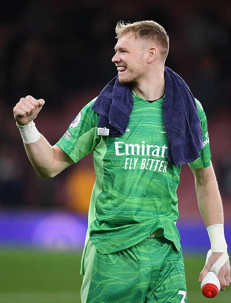 Arsenal's Aaron Ramsdale Celebrates with Fans after Arsenal v West Ham United Win