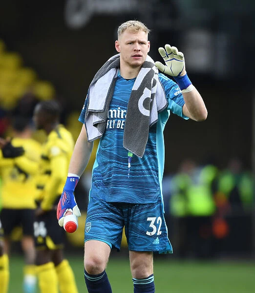 Arsenal's Aaron Ramsdale Celebrates with Fans after Watford Victory, Premier League 2021-22