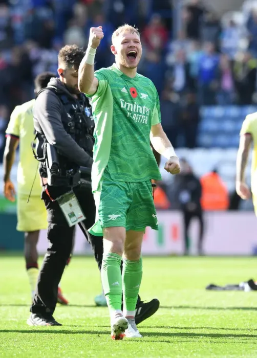 Framed Print : Arsenal's Aaron Ramsdale Celebrates Victory Over Leicester City in the Premier League Framed Print : Arsenal's Aaron Ramsdale Celebrates Victory Over Leicester City in the Premier League
