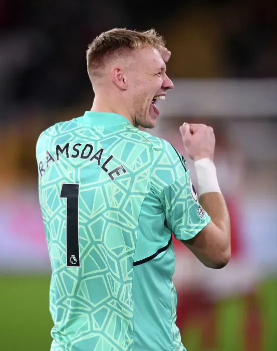 Framed Print : Arsenal's Aaron Ramsdale Celebrates Win Against Wolverhampton Wanderers in 2022-23 Premier League