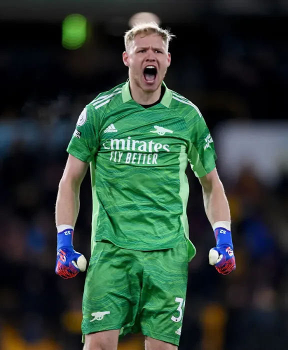 Framed Print : Arsenal's Aaron Ramsdale Celebrates Win Against Wolverhampton Wanderers in Premier League