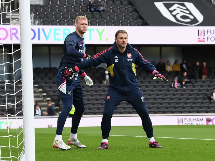Framed Print : Arsenal's Aaron Ramsdale and Goalkeeping Coach Inaki Cana Prepare Before Fulham Match, Premier League 2022-23