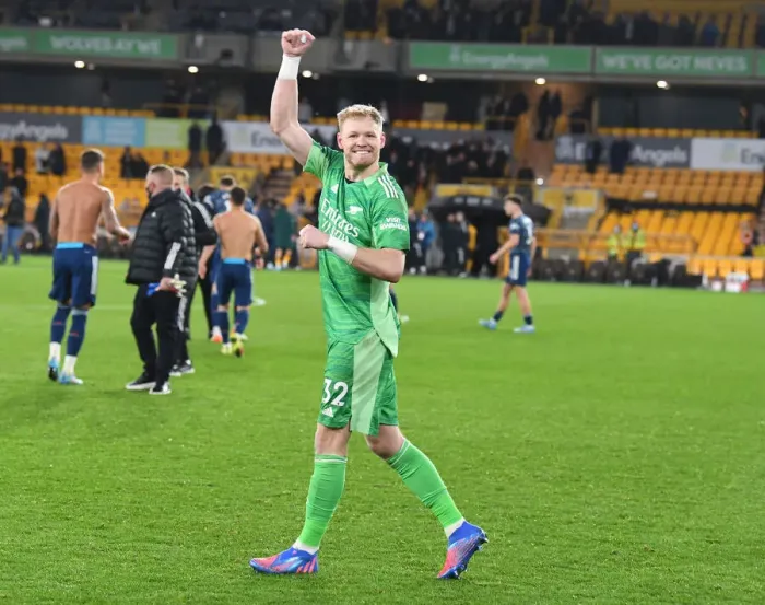 Framed Print : Arsenal's Aaron Ramsdale: Savoring Victory Against Wolverhampton Wanderers in the Premier League