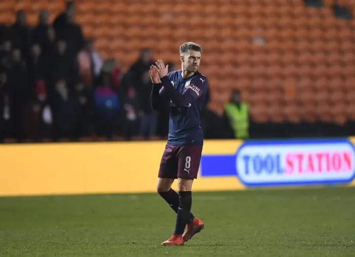 Framed Print : Arsenal's Aaron Ramsey Applauding Fans in FA Cup Third Round Match vs Blackpool Framed Print : Arsenal's Aaron Ramsey Applauding Fans in FA Cup Third Round Match vs Blackpool