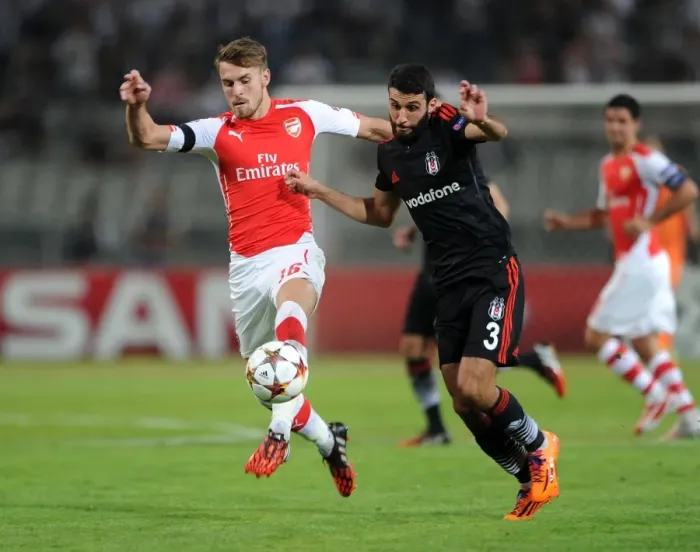 Framed Print : Arsenal's Aaron Ramsey Clashes with Ismail Koybasi of Besiktas in UEFA Champions League Qualifier Framed Print : Arsenal's Aaron Ramsey Clashes with Ismail Koybasi of Besiktas in UEFA Champions League Qualifier