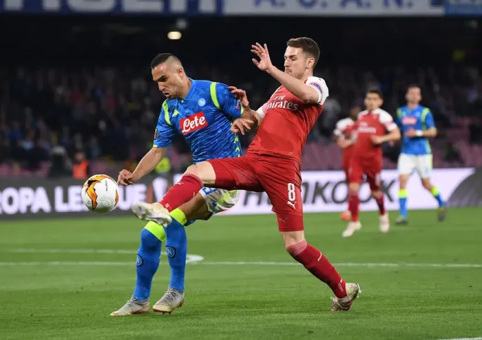 Framed Print : Arsenal's Aaron Ramsey Clashes with Napoli's Nikola Maksimovic in Europa League Quarterfinal