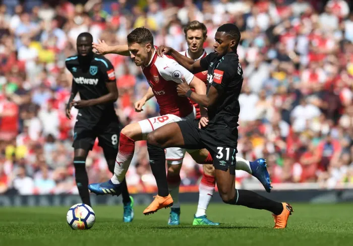 Framed Print : Arsenal's Aaron Ramsey Clashes with West Ham's Edimilson Fernandes in Premier League Showdown Framed Print : Arsenal's Aaron Ramsey Clashes with West Ham's Edimilson Fernandes in Premier League Showdown