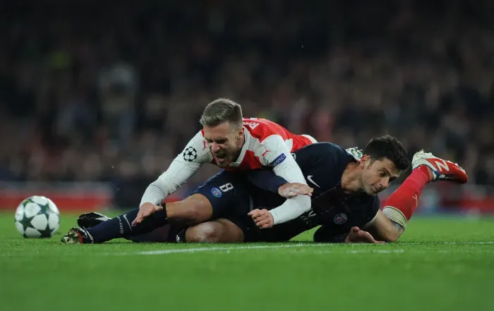 Framed Print : Arsenal's Aaron Ramsey Foul by Thiago Motta in 2016-17 Champions League Clash