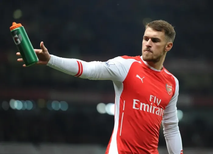 Framed Print : Arsenal's Aaron Ramsey Fueled by Gatorade: Arsenal's 2-1 Victory over Manchester United, Barclays Premier League, 2014