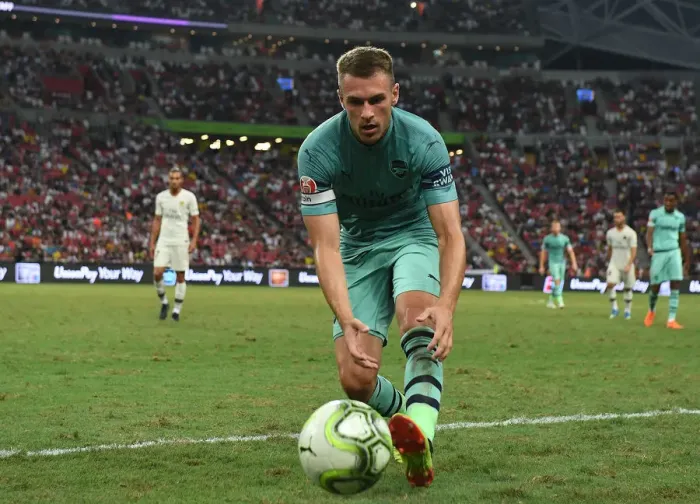 Framed Print : Arsenal's Aaron Ramsey Goes Head-to-Head Against Paris Saint-Germain in 2018 International Champions Cup, Singapore Framed Print : Arsenal's Aaron Ramsey Goes Head-to-Head Against Paris Saint-Germain in 2018 International Champions Cup, Singapore