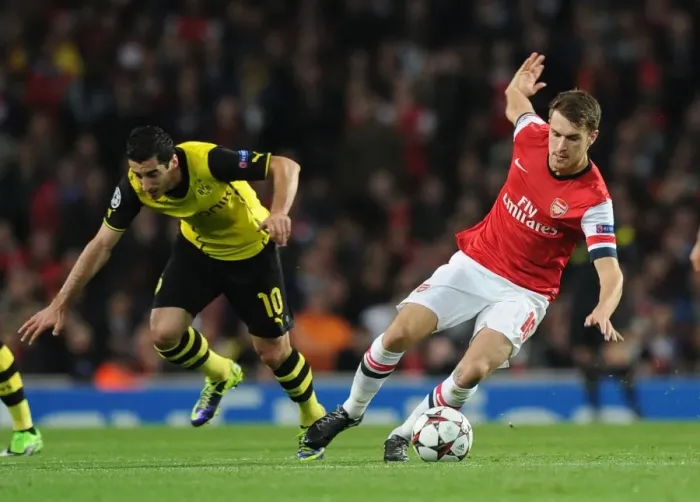 Framed Print : Arsenal's Aaron Ramsey Outmaneuvers Borussia Dortmund's Henrikh Mkhitaryan in 2013-14 Champions League Clash