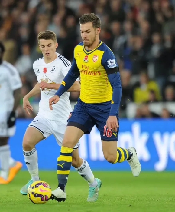 Framed Print : Arsenal's Aaron Ramsey Outmaneuvers Swansea's Tom Carroll