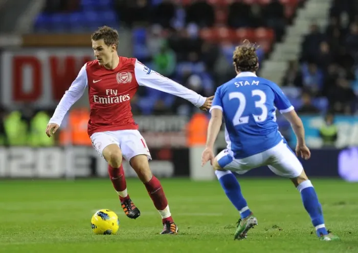 Framed Print : Arsenal's Aaron Ramsey Outmaneuvers Wigan's Ronnie Stam in Premier League Clash (December 2011)