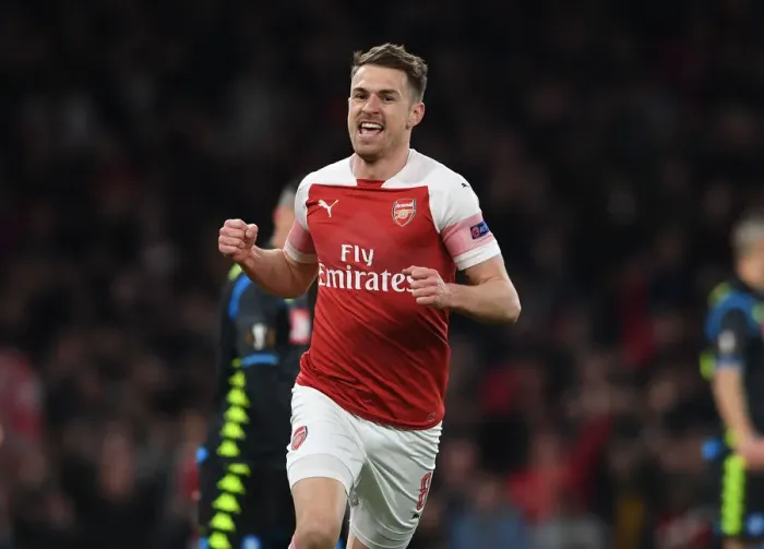 Framed Print : Arsenal's Aaron Ramsey Scores Epic Goal in Europa League Quarterfinal vs. Napoli (2018-19)