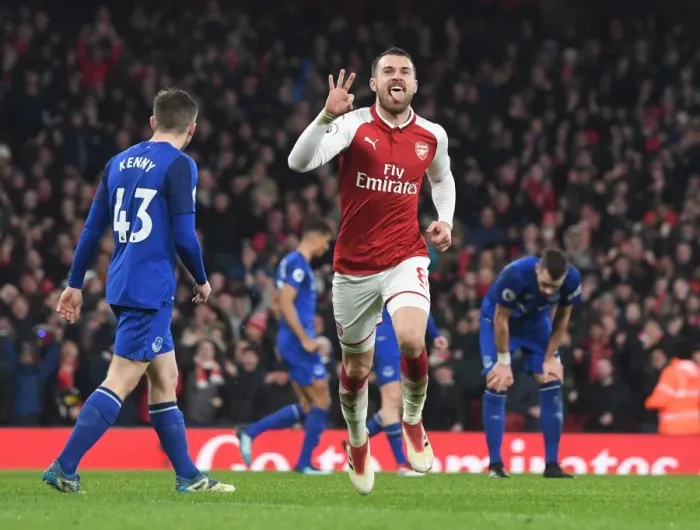 Framed Print : Arsenal's Aaron Ramsey Scores Fifth Goal in Thrilling Arsenal v Everton Premier League Match, 2017-18