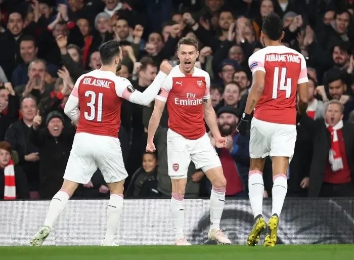 Framed Print : Arsenal's Aaron Ramsey Scores First Goal in Europa League Quarterfinal vs. Napoli