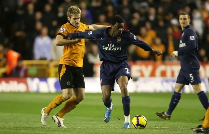 Framed Print : Arsenal's Abou Diaby Scores Twice Against Wolves Kevin Doyle in 1:4 Victory, Barclays Premier League, Molineux Stadium, 2009