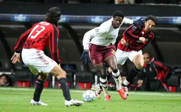 Framed Print : Arsenal's Adebayor Scores Twice as Gunners Top Milan in UEFA Champions League Framed Print : Arsenal's Adebayor Scores Twice as Gunners Top Milan in UEFA Champions League