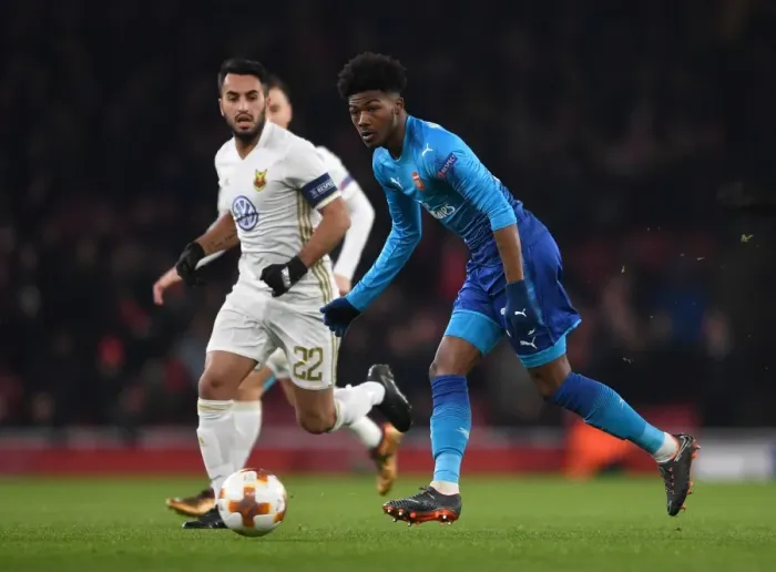 Framed Print : Arsenal's Ainsley Maitland-Niles Goes Head-to-Head with Östersunds Brwa Nouri in Europa League Showdown Framed Print : Arsenal's Ainsley Maitland-Niles Goes Head-to-Head with Östersunds Brwa Nouri in Europa League Showdown