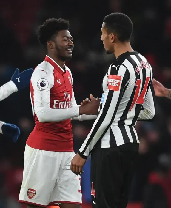 Framed Print : Arsenal's Ainsley Maitland-Niles and Newcastle's Isaac Hayden Share a Moment After intense Arsenal v Newcastle United Premier League Clash (2017-18) Framed Print : Arsenal's Ainsley Maitland-Niles and Newcastle's Isaac Hayden Share a Moment After intense Arsenal v Newcastle United Premier League Clash (2017-18)