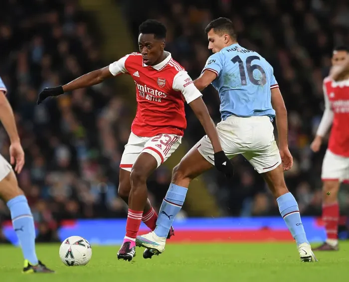 Framed Print : Arsenal's Albert Sambi Lokonga Battles Rodrigo in FA Cup Showdown: Manchester City vs. Arsenal (2022-23) Framed Print : Arsenal's Albert Sambi Lokonga Battles Rodrigo in FA Cup Showdown: Manchester City vs. Arsenal (2022-23)