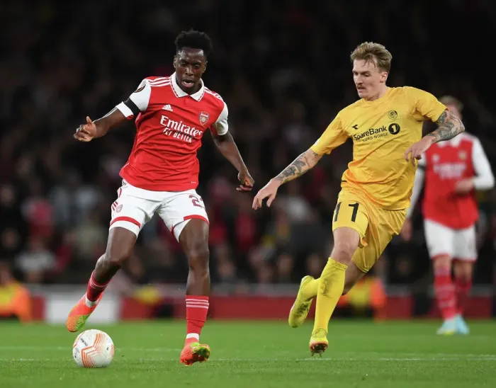 Framed Print : Arsenal's Albert Sambi Lokonga Goes Head-to-Head with Runar Espejord in Europa League Showdown
